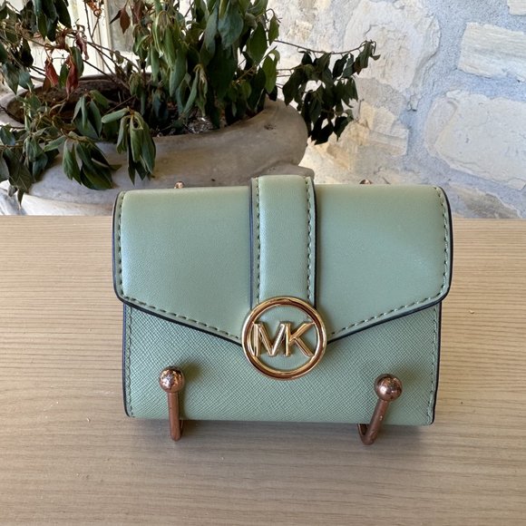 Michael Kors Carmen Medium Flap Satchel/ BLFLD Wallet MK Logo Light Sage NWT - Picture 7 of 11